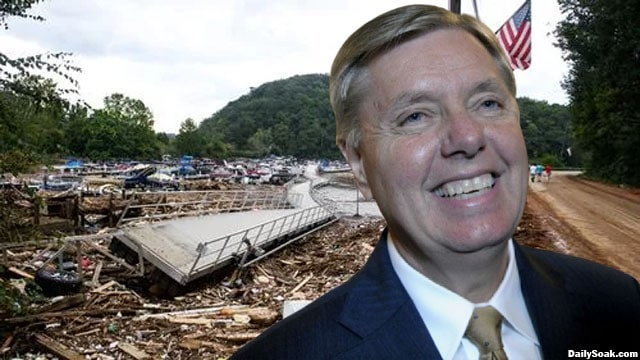 Lindsey Graham in front of South Carolina Hurricane Helene damage.