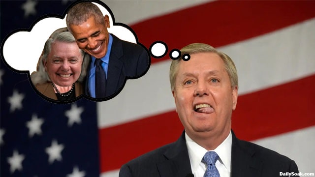 Lindsey Graham hugging Barack Obama after Tulsi Gabbard announces joining Republicans.