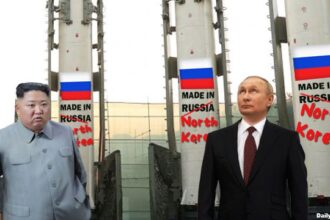 Vladimir Putin and Kim Jong-un standing next to Russian missiles.