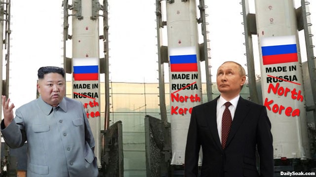 Vladimir Putin and Kim Jong-un standing next to Russian missiles.