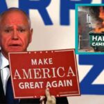 Tim Walz holding up a Trump sign while watching Kamala Harris on Fox News.