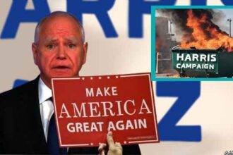 Tim Walz holding up a Trump sign while watching Kamala Harris on Fox News.