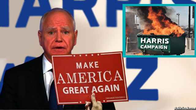 Tim Walz holding up a Trump sign while watching Kamala Harris on Fox News.