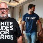 Man wearing White Dudes For Harris shirt next to man and woman wearing Trump shirts.