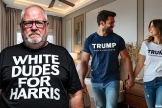 Man wearing White Dudes For Harris shirt next to man and woman wearing Trump shirts.