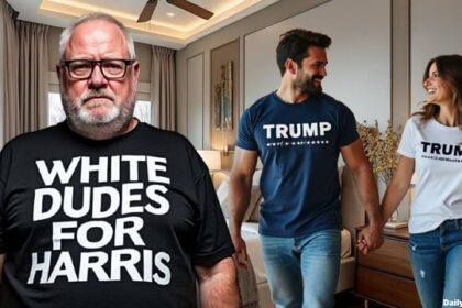 Man wearing White Dudes For Harris shirt next to man and woman wearing Trump shirts.