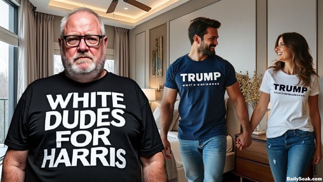 Man wearing White Dudes For Harris shirt next to man and woman wearing Trump shirts.