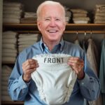 Joe Biden holding a diaper inside of his bedroom.