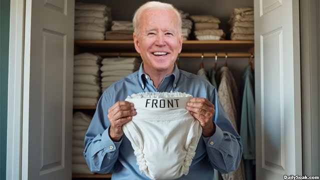 Joe Biden holding a diaper inside of his bedroom.