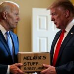 Joe Biden handing Donald Trump a box inside of White House.