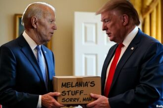 Joe Biden handing Donald Trump a box inside of White House.