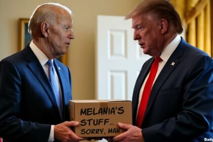 Joe Biden handing Donald Trump a box inside of White House.