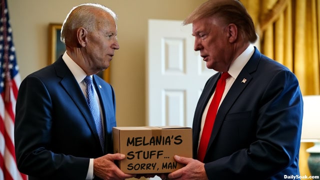 Joe Biden handing Donald Trump a box inside of White House.