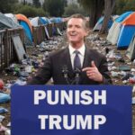 Gavin Newsom giving a speech on Donald Trump.