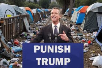 Gavin Newsom giving a speech on Donald Trump.