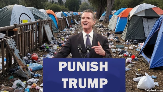 Gavin Newsom giving a speech on Donald Trump.