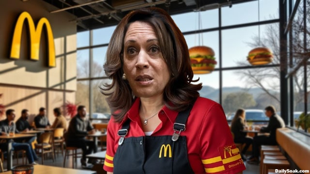 Kamala Harris wearing a McDonald's uniform.