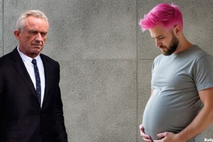 RFK Jr. looking at a pink-haired men who thinks he's pregnant.