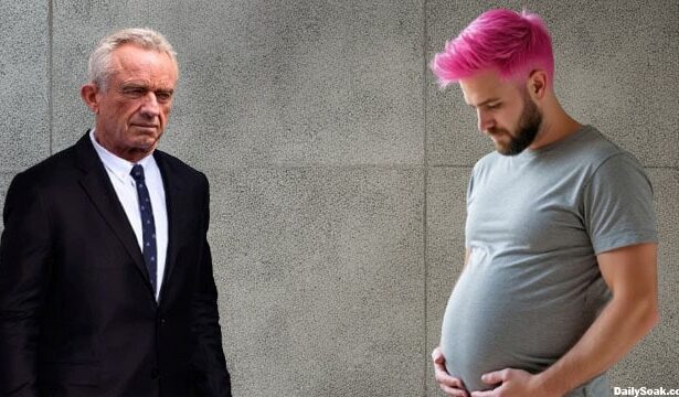 RFK Jr. looking at a pink-haired men who thinks he's pregnant.