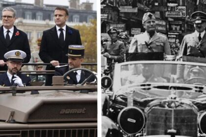 Dictators Keir Starmer and Emmanuel Macron in Paris, France for a World War 1 event.