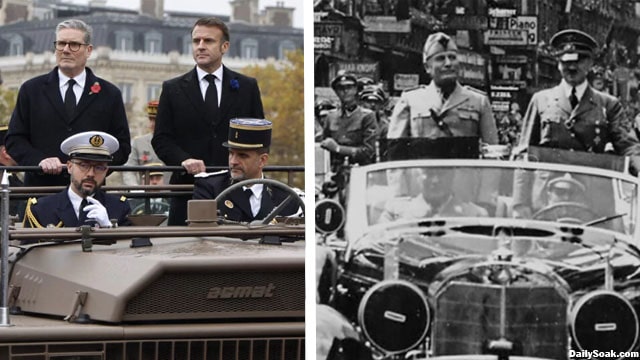 Dictators Keir Starmer and Emmanuel Macron in Paris, France for a World War 1 event.