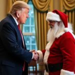 Donald Trump shaking hands with Santa Claus.