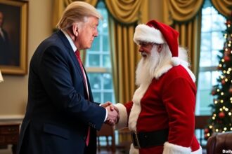 Donald Trump shaking hands with Santa Claus.