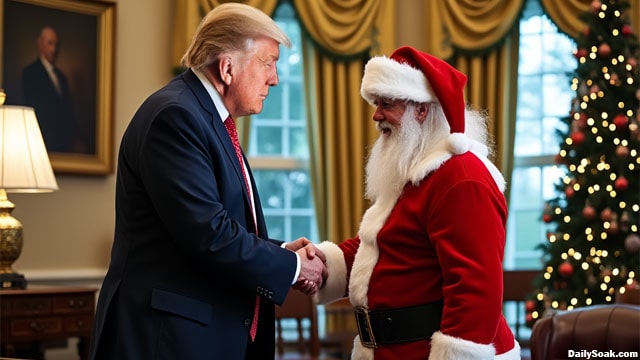 Donald Trump shaking hands with Santa Claus.