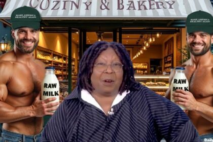 Two muscular RFK Jr. supporters holding raw milk in front of Whoopi Goldberg.