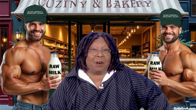 Two muscular RFK Jr. supporters holding raw milk in front of Whoopi Goldberg.