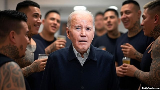 Joe Biden standing amongst a group of Mexican cartel members.