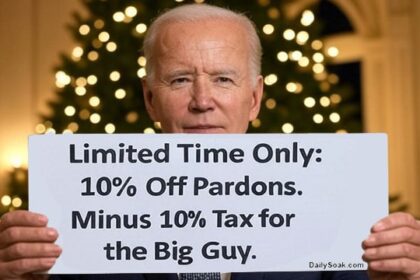 President Joe Biden holding up a sign standing in front of a Christmas tree.