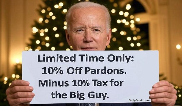 President Joe Biden holding up a sign standing in front of a Christmas tree.