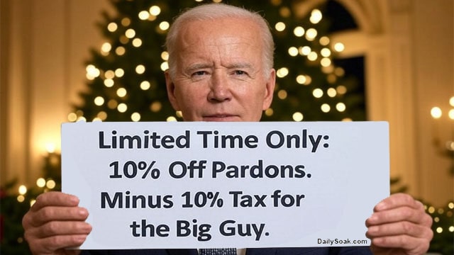 President Joe Biden holding up a sign standing in front of a Christmas tree.