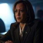 Kamala Harris sitting at a bar thinking about Elon Musk and Donald Trump.