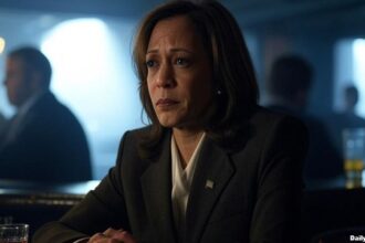 Kamala Harris sitting at a bar thinking about Elon Musk and Donald Trump.