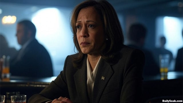 Kamala Harris sitting at a bar thinking about Elon Musk and Donald Trump.