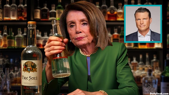 Nancy Pelosi drinking alcohol while condemning Pete Hegseth.