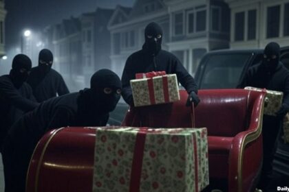 Thieves in San Francisco robbing Santa Claus' sleigh.