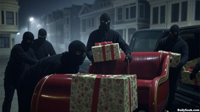 Thieves in San Francisco robbing Santa Claus' sleigh.