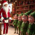 A skinny Santa Claus with his elves inside Santa's workshop.