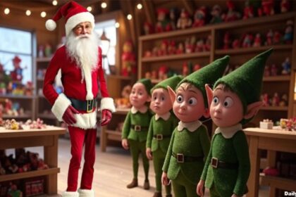 A skinny Santa Claus with his elves inside Santa's workshop.