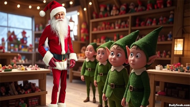 A skinny Santa Claus with his elves inside Santa's workshop.