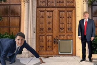 Justin Trudeau and Donald Trump in the front of Mar-a-Lago.