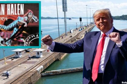 Donald Trump dancing to Van Halen's Panama in front of Panama Canal.