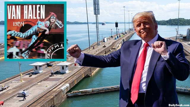 Donald Trump dancing to Van Halen's Panama in front of Panama Canal.