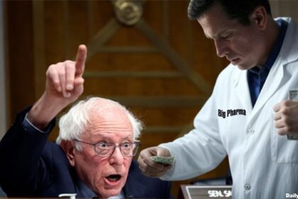 Big Pharma executive shoving money into Bernie Sanders' pocket.