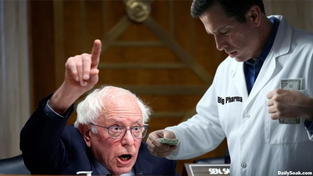 Big Pharma executive shoving money into Bernie Sanders' pocket.