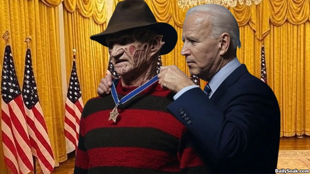 Joe Biden giving the Presidential Medal of Freedom to Freddy Krueger.