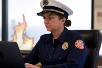 Los Angeles L.A. Fire Chief sitting at her desk